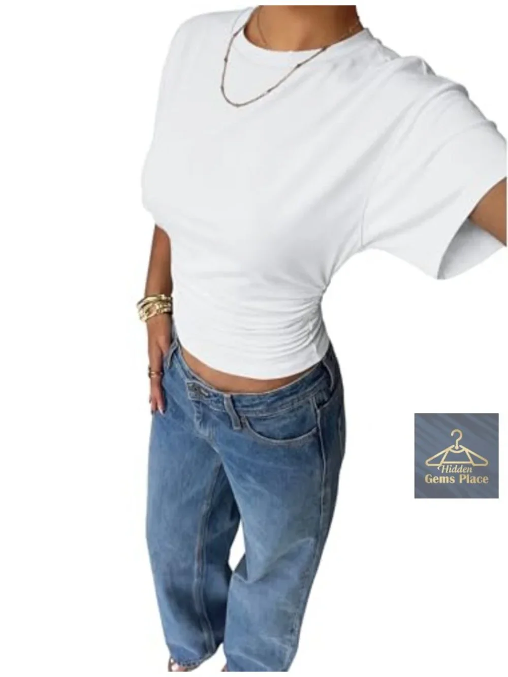 Crop tee ruched waist batwing short sleeve slim fitted basic t-shirt going out - Picture 3 of 5